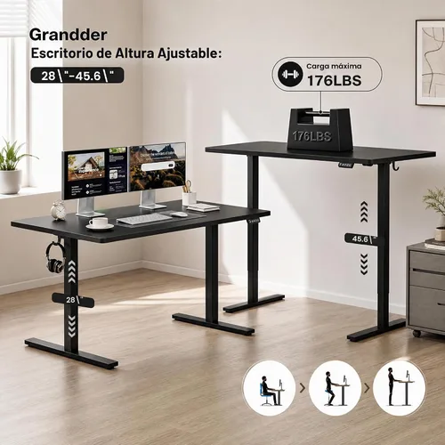 Vista 5 de Grandder Escritorio eléctrico grande de pie de 47 x 32 pulgadas, escritorio de computadora de altura ajustable con 2 ajustes preestablecidos de Negro