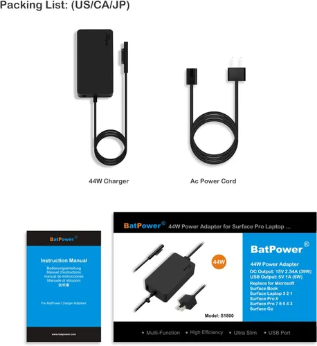 Vista 5 de BatPower Cargador de superficie de 44 W 15 V 2.58 A - 1800 adaptador de corriente alterna, compatible con Microsoft Surface Pro X/9/8/7/6/5/Go