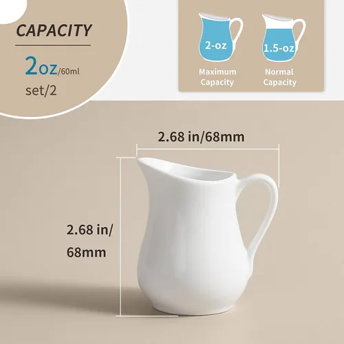 Vista 3 de Gurygo Jarra de Crema de 2 Oz (Juego/2) con Asa, Pequeña Jarra de Crema Clásica de Porcelana Fina Blanca, Pequeña Jarra de Leche para Café, Leche