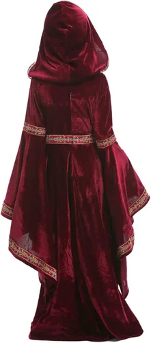 Vista 4 de AwwwCos Disfraz de Halloween para cosplay de princesa retro con mangas de trompeta, vestido medieval de bruja vampiro con capucha
