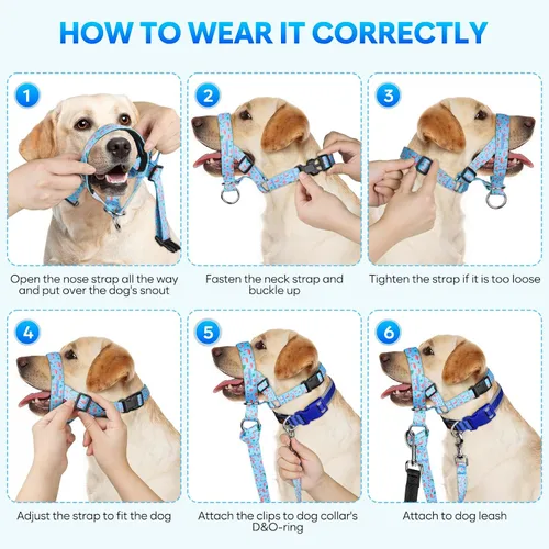Vista 4 de Collar de cabeza de perro, cuello impreso sin tirones, ajustable para cabeza de perro, correa suave con enlace de seguridad, correa de bozal de 3