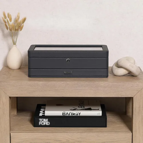 Vista 3 de ROTHWELL Caja de reloj de lujo para 12 relojes, caja de reloj de cuero PU con tapa de vidrio real, cajón deslizable para accesorios con múltiples