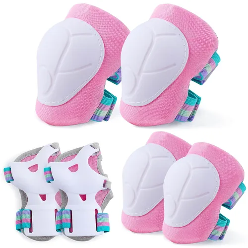 Vista 10 de FIODAY Rodilleras para niños, rodilleras y coderas, protectores de muñeca, juego de equipo de protección ajustable para niñas y niños, patinaje