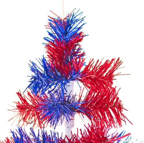 Vista 3 de Árbol de Navidad para el 4 de julio, cepillo de oropel mixto rojo, blanco y azul, estilo plumas, con base base, 18 pulgadas