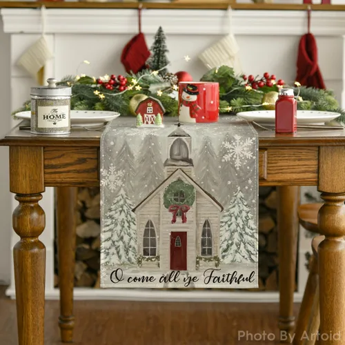 Vista 7 de Artoid Mode Camino de mesa de Navidad con diseño de árboles de Navidad y copos de nieve, decoración de mesa de cocina con lazo de moño para fiestas