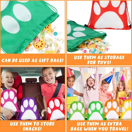 Vista 6 de Shappy 24 mochilas con cordón y estampado de patas, bolsa con cordón para cachorros, bolsas reutilizables a granel para regalo de dulces