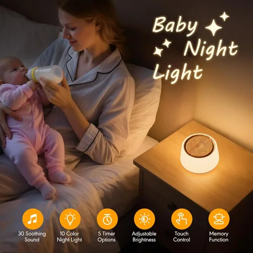 Vista 2 de Máquina de ruido blanco con luz nocturna, 30 sonidos relajantes, máquina de sonido portátil para bebés y adultos, luz nocturna de 10 colores, 5
