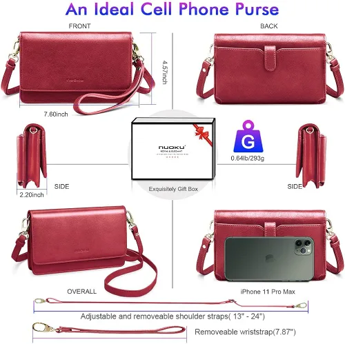 Vista 5 de nuoku Bolso bandolera pequeño para mujer con ranuras para tarjetas RFID 2 correas máximo 65 pulgadas