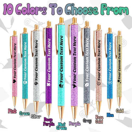 Vista 4 de 10 bolígrafos personalizados con purpurina, bolígrafos impresos personalizados a granel, bolígrafos retráctiles de tinta negra para graduación