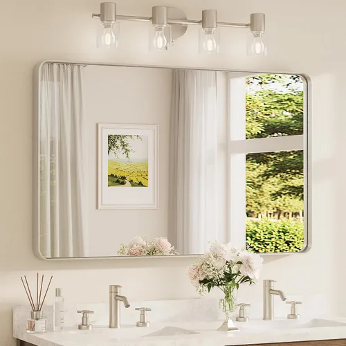 Vista 82 de Espejo de marco dorado cepillado de 16 x 24 pulgadas, espejo de tocador de baño de latón dorado para pared, espejo enmarcado rectangular de esquina