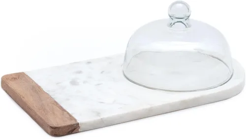 Vista 2 de Tabla de queso con cúpula de vidrio de mármol blanco y soporte para tartas con tapa, cubierta de cristal Cloche, decoración de madera de acacia