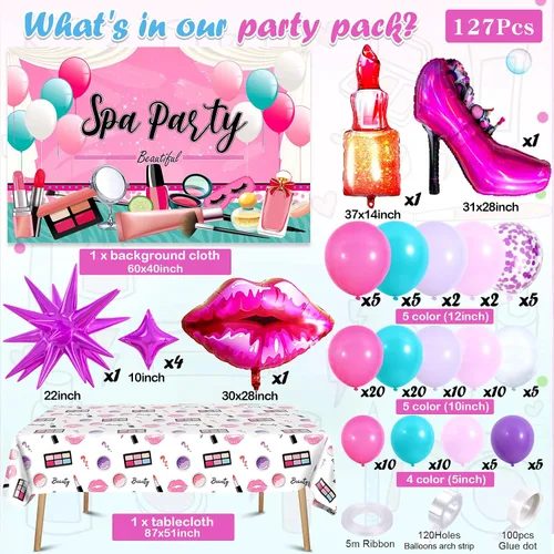 Vista 2 de 127 piezas de suministros de fiesta de spa para niñas, decoración de cumpleaños con guirnalda de globos, globos de papel de aluminio, telón