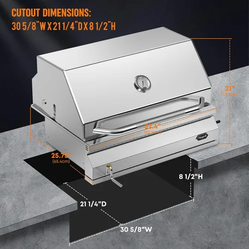 Vista 2 de Hygrill - Cabezal de parrilla de carbón para cocina al aire libre, parrilla integrada de acero inoxidable de 32 pulgadas con capucha aislada
