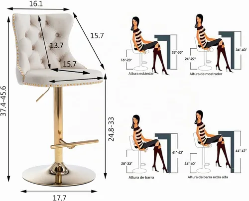 Vista 3 de Aoowow Juego de 2 taburetes de bar giratorios ajustables con parte trasera de terciopelo copetudo, sillas de bar modernas tapizadas con cabeza