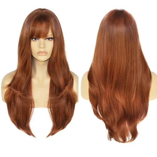Vista 2 de + Gorra de peluca de 28 pulgadas, peluca de jengibre con flequillo, peluca roja cobre para mujer, peluca roja cobre con flequillo, cabello en capas
