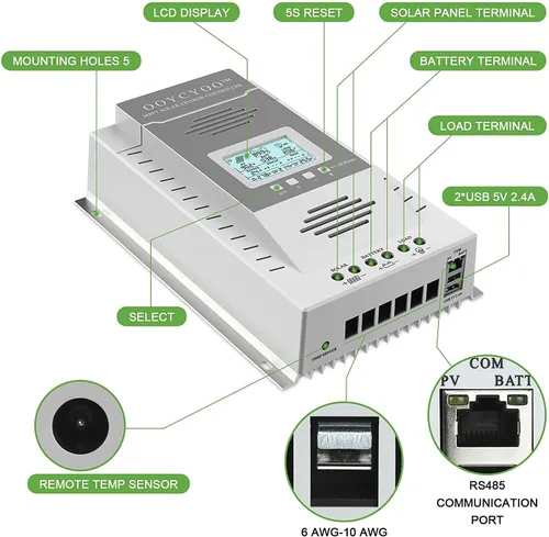 Vista 2 de Controlador solar MPPT de 100 amperios, entrada de 100 V, batería de litio LiFePO4 (plomo ácido AGM), voltaje de entrada máximo 100 V, potencia 1300