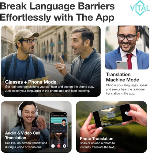 Vista 4 de Gafas Inteligentes Vital para Hombres con Traducción IA – Audio Bluetooth 5.3 de Oído Abierto, Traductor de 164 Idiomas en Aplicación de Teléfono