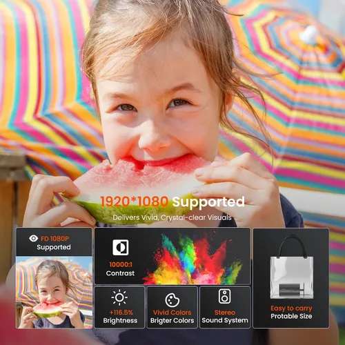 Vista 6 de Mini proyector portátil con WiFi y Bluetooth, compatible con proyector de películas 1080P HD, corrección trapezoidal automática, rotación de 180°