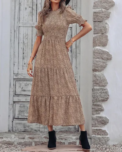 Vista 175 de BTFBM Vestidos para mujer, cuello redondo, casual, de verano, con volantes, manga corta, bohemio, con niveles, fruncido, largo, con estampado floral