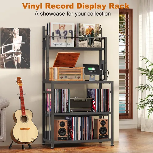 Vista 4 de EasyCom Soporte para tocadiscos con almacenamiento de vinilo, soporte para tocadiscos con capacidad para hasta 300 álbumes, mesa grande
