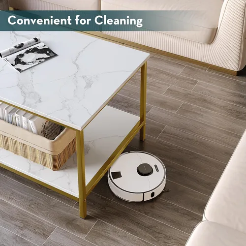 Vista 5 de SAYGOER Mesa de centro moderna de 2 niveles para sala de estar, mesas de centro de oro blanco, mesa rectangular industrial de madera para espacios