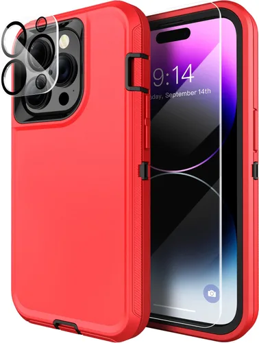 Vista 18 de MXX Funda resistente hecha para iPhone 14 con pantalla de vidrio templado, protector de lente de cámara de 3 capas, protección de cuerpo completo, a