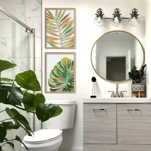 Vista 2 de Kate and Laurel Blake Monstera - Arte de pared de vidrio impreso enmarcado por Jessi Raulet de Ettavee; 18 x 24 pulgadas, natural; arte decorativo