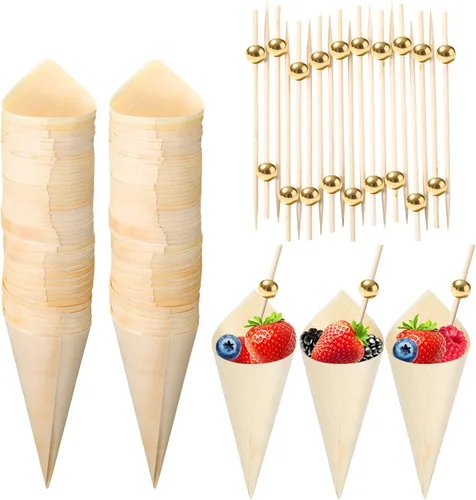 Vista 9 de Queekay 200 conos de madera desechables de madera de 5 pulgadas, cono de helado de perla, palillos de bambú para aperitivos, bebidas, boda, fiesta