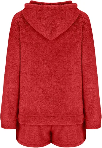 Vista 4 de Stessotudo Women Casual Sherpa Lounge Sets Long Sleeve Hoodie Tops Warm Matching Sets Solid Comfy Cozy Two Piece Short Sets