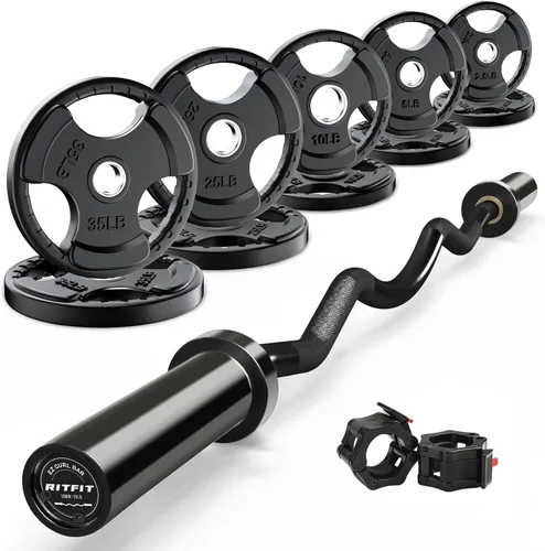 Vista 12 de RitFit Barra de rizo EZ de 2 pulgadas con pesas, capacidad de peso de 350 libras, barra olímpica para ejercicios de bíceps, tríceps y levantamiento