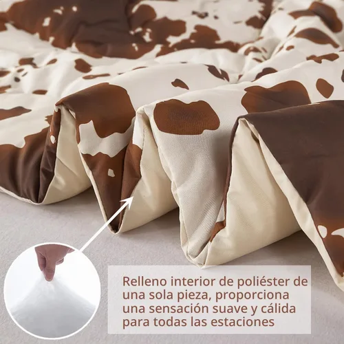 Vista 3 de PERFEMET Juego de ropa de cama con estampado de vaca marrón y beige, juego de edredón de 3 piezas de piel de vaca de dibujos animados para niños