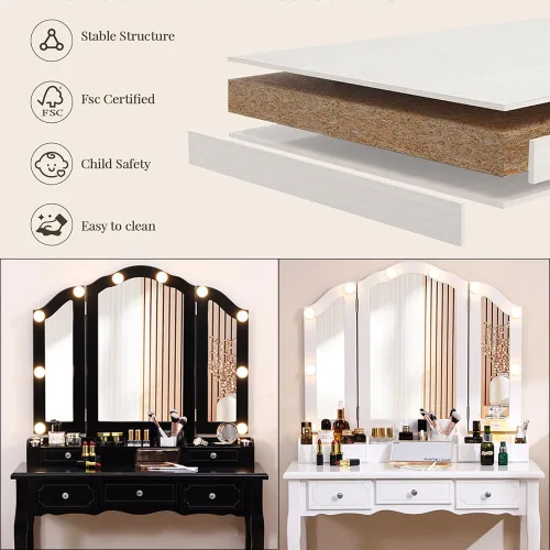 Vista 8 de Tocador de maquillaje con luces, escritorio grande con 3 modos de iluminación y brillo ajustable, escritorio desmontable con cajones y estantes