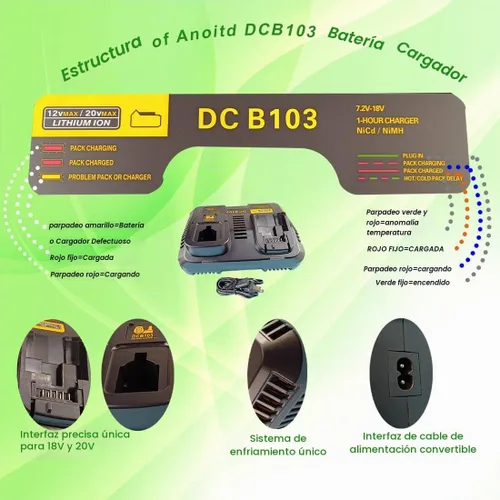 Vista 4 de Compatible con cargador Dewalt, combinación de doble puerto, carga rápida (DCB103), compatible con batería NI-CD y NI-MH de litio de 9.6V-20V