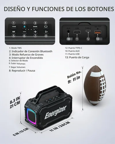 Vista 11 de Energizer Outdoor Bluetooth Speakers, 100W Peak Portable Wireless Speaker