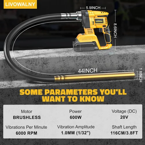 Vista 2 de LIVOWALNY Herramienta vibradora de hormigón de mano compatible con batería Dewalt de 20 V (solo herramienta), vibrador eléctrico inalámbrico