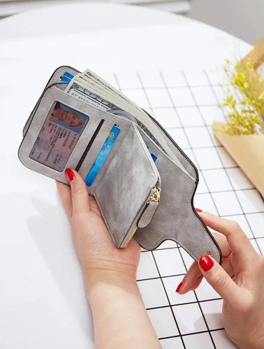 Vista 7 de KELEEL Cartera de cuero para mujer, monedero de embrague para tarjetas de crédito, soporte para monedas, plegable, Gris corto, Classic