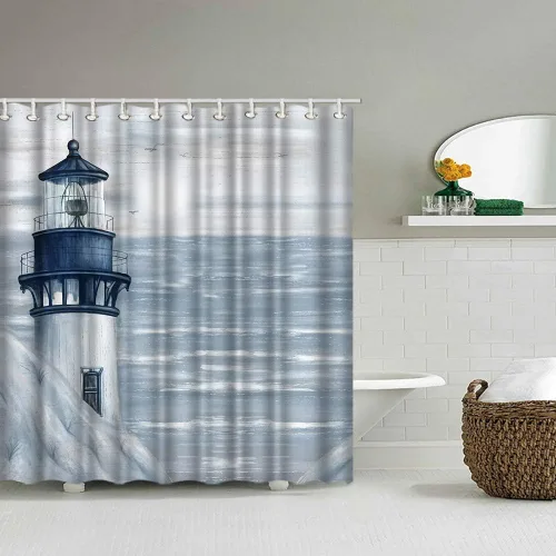 Vista 3 de Cortina de ducha con diseño de faro, decoración de baño, 72 x 72 pulgadas, diseño náutico de paisaje marino, tela de poliéster, con ganchos CRT355