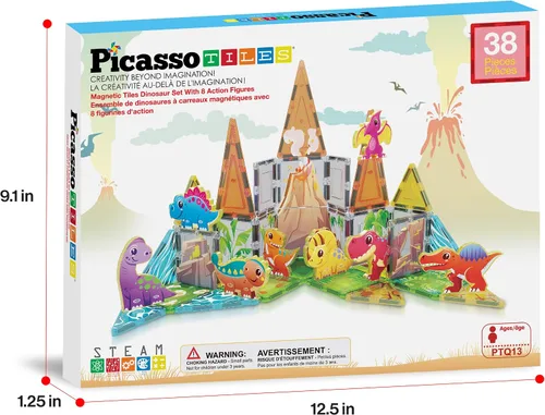 Vista 9 de PicassoTiles - Juego de 38 piezas de bloques de construcción con azulejos magnéticos, tema de dinosaurios, con 8 figuras de acción magnetizadas