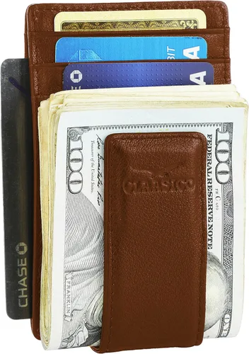 Vista 27 de Billetera de cuero con clip para dinero, bolsillo frontal delgado, bloqueo RFID con imán súper fuerte