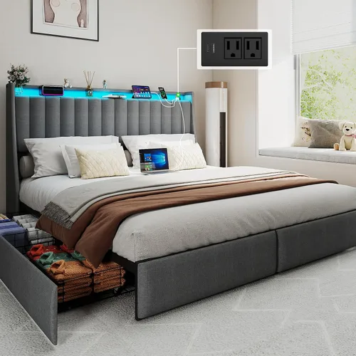 Vista 12 de Base de cama matrimonial tapizada con respaldo alero con 2 cajones de almacenamiento y luces LED