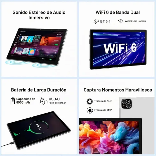 Vista 4 de Tableta, tableta Android 14 de 10 pulgadas, procesador Octa-Core, 12 GB de RAM + 128 GB de ROM, pantalla táctil IPS HD 1280x800, batería de 6000