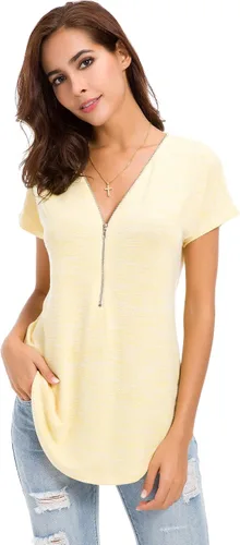 Vista 2 de LUSMAY Blusa casual de manga corta con cuello en V y cremallera para mujer