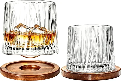 Vista 26 de Vaso de vidrio antiguo giratorio, 275ml/10oz Juego de vasos de whisky de cristal de 2 piezas, posavasos de madera, engrosamiento, utilizado como