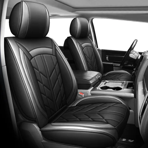 Vista 10 de 5 fundas de asiento de camión para Dodge Ram con banco plano 1500/2500/3500 2009-2023, juego completo de protectores de asiento de cuero Negro