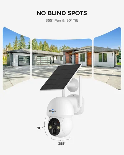 Vista 3 de Cámara de seguridad inalámbrica solar Hiseeu para exteriores, WiFi de 2.4G y 5G, visión nocturna a color, vista de 360°, inclinación y panorámica