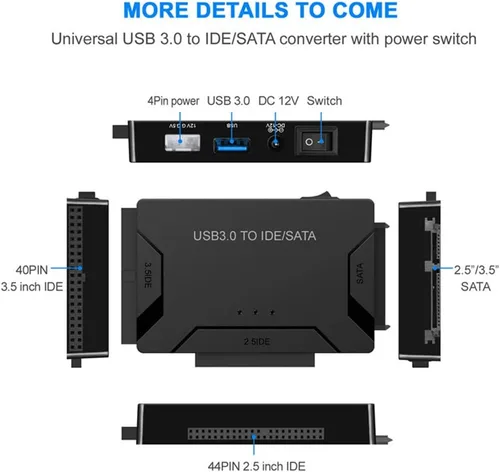 Vista 2 de Adaptador de disco duro USB 3.0 a IDE/SATA, convertidor externo para unidad óptica IDE SATA HDD SSD DVD, lector universal de disco duro con fuente