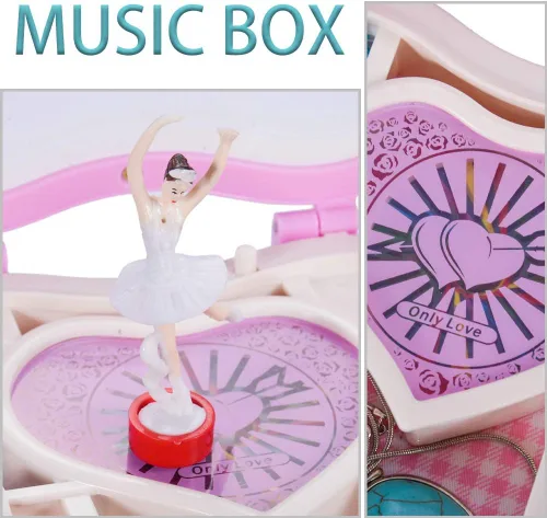 Vista 4 de Weiye Joyero musical de bailarina para niña con cajón extraíble, estuche organizador de almacenamiento de joyas, Music to Alice
