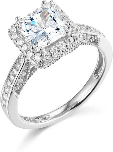 Vista 2 de Wellingsale - Anillo de compromiso para mujer con piedras laterales de oro blanco pulido CZ circonita cúbica de corte princesa