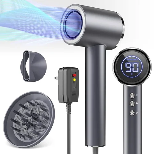 Vista 8 de Secador de pelo iónico de 1600 W con pantalla LED y boquilla magnética, portátil para mujeres, viajes, salón, hogar, blanco crema, HC03