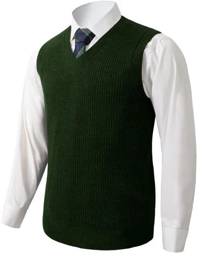 Vista 10 de Suéter de punto con cuello en V para hombre, liso, sin mangas, suéter de punto, ajuste holgado, todo a juego verde (ArmyGreen1)